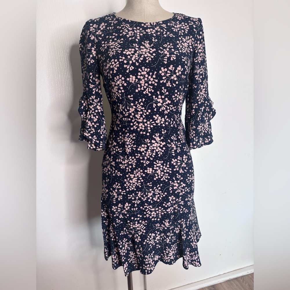 Boden Navy Pink Floral Ruffle Sleeve Dress - Fit & Flare 2R